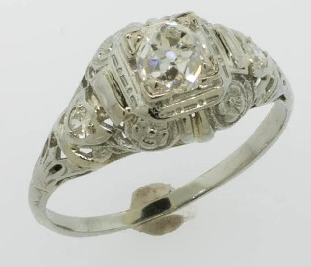 18K White Gold Old Mine Cut Diamond (~.64 center) Filigree Ring Size 7 Preowned