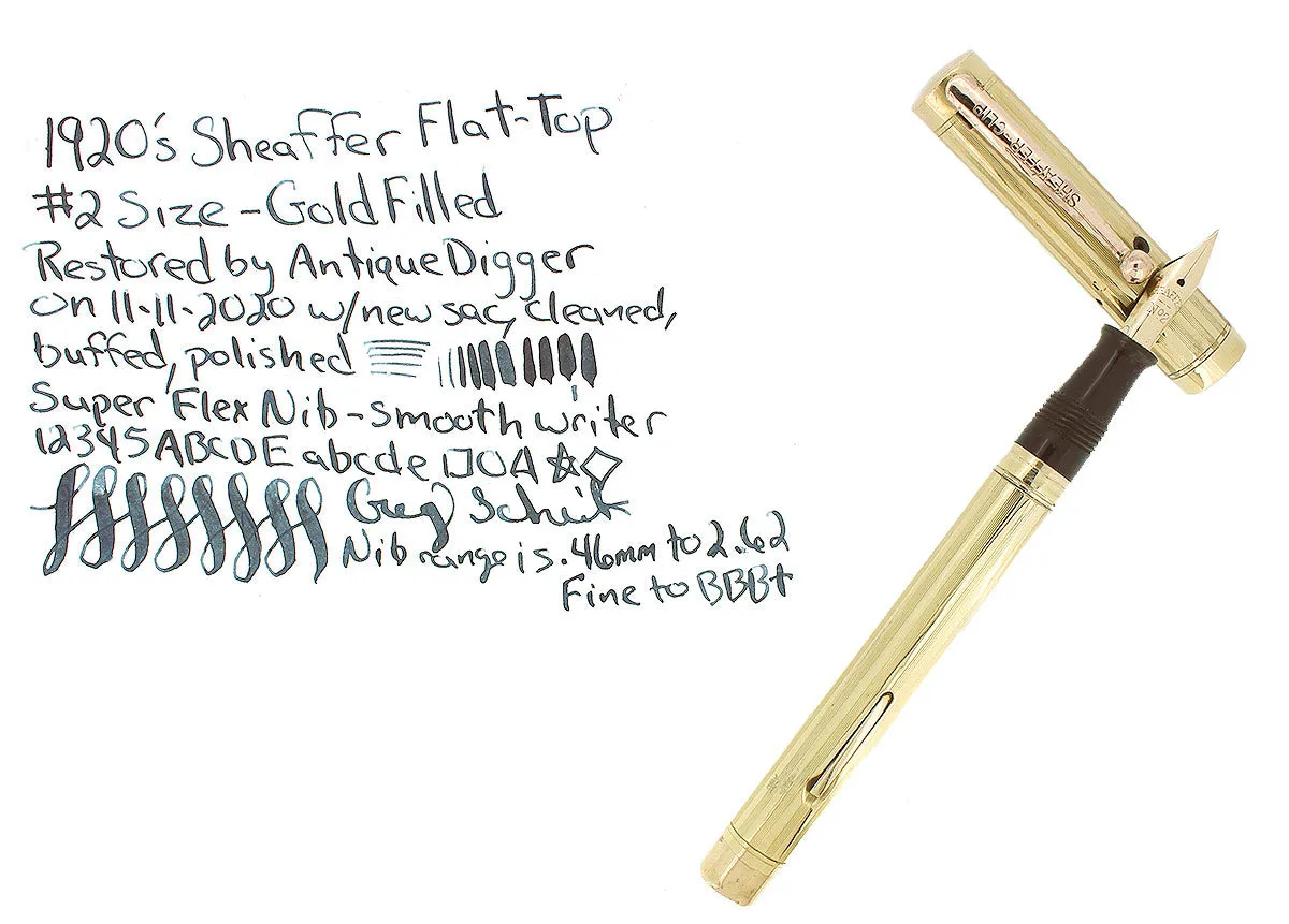 1920S SHEAFFER #2 GOLD FILLED FLAT TOP 14K F-BBB  FLEX NIB FOUNTAIN PEN RESTORED