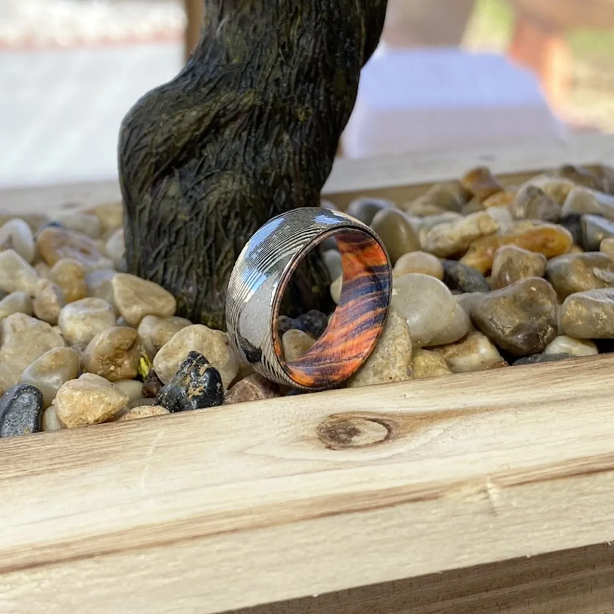 HYDE | Blue & Yellow/Orange Wood, Silver Damascus Steel, Domed