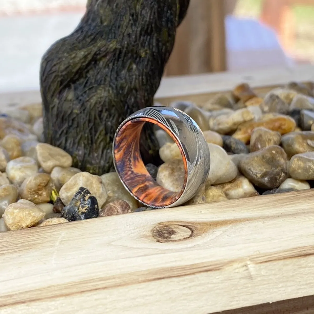 HYDE | Blue & Yellow/Orange Wood, Silver Damascus Steel, Domed