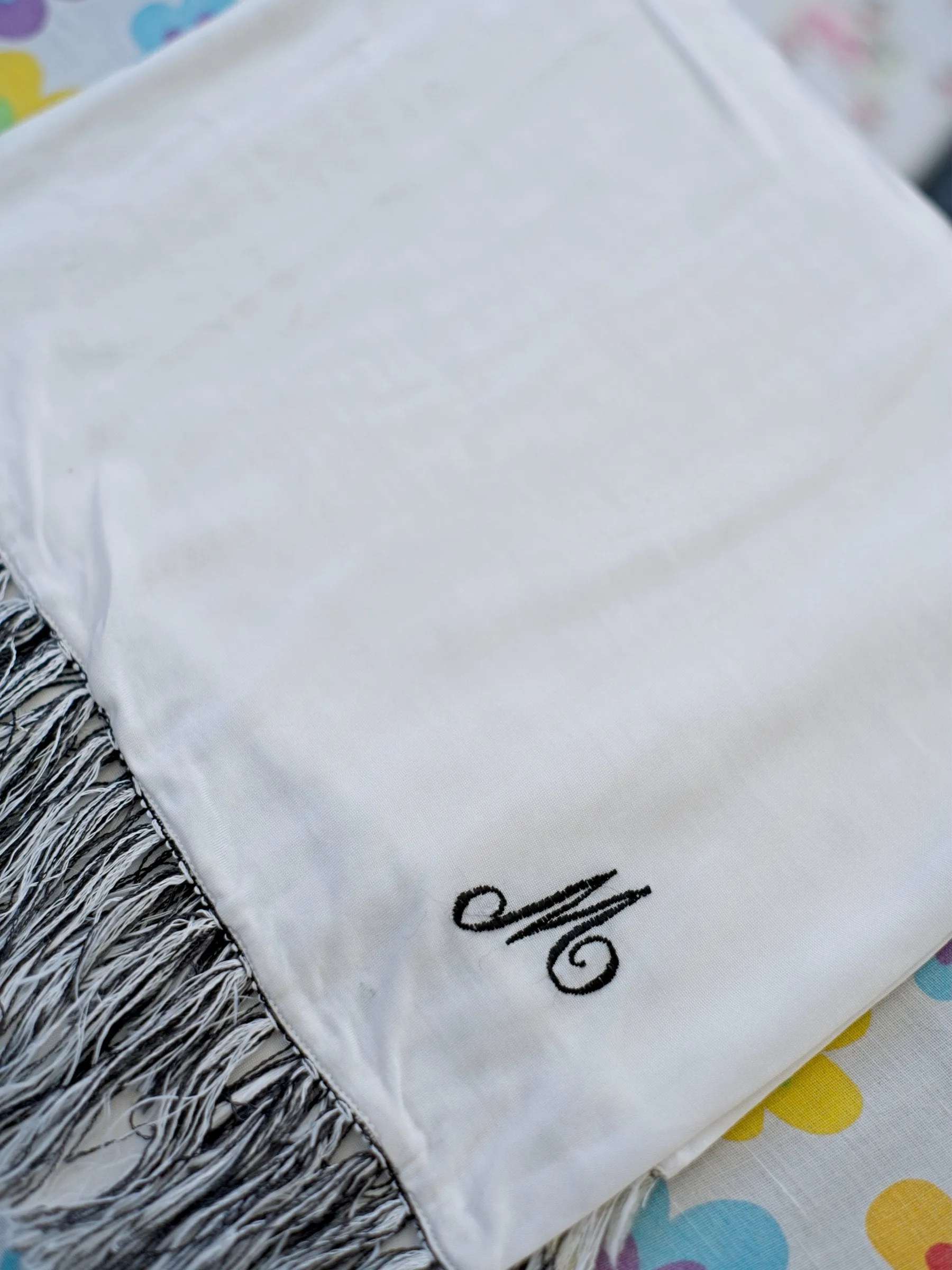 Men's Vintage 1960s White Rayon Knit Evening Scarf • Monogram 'M'