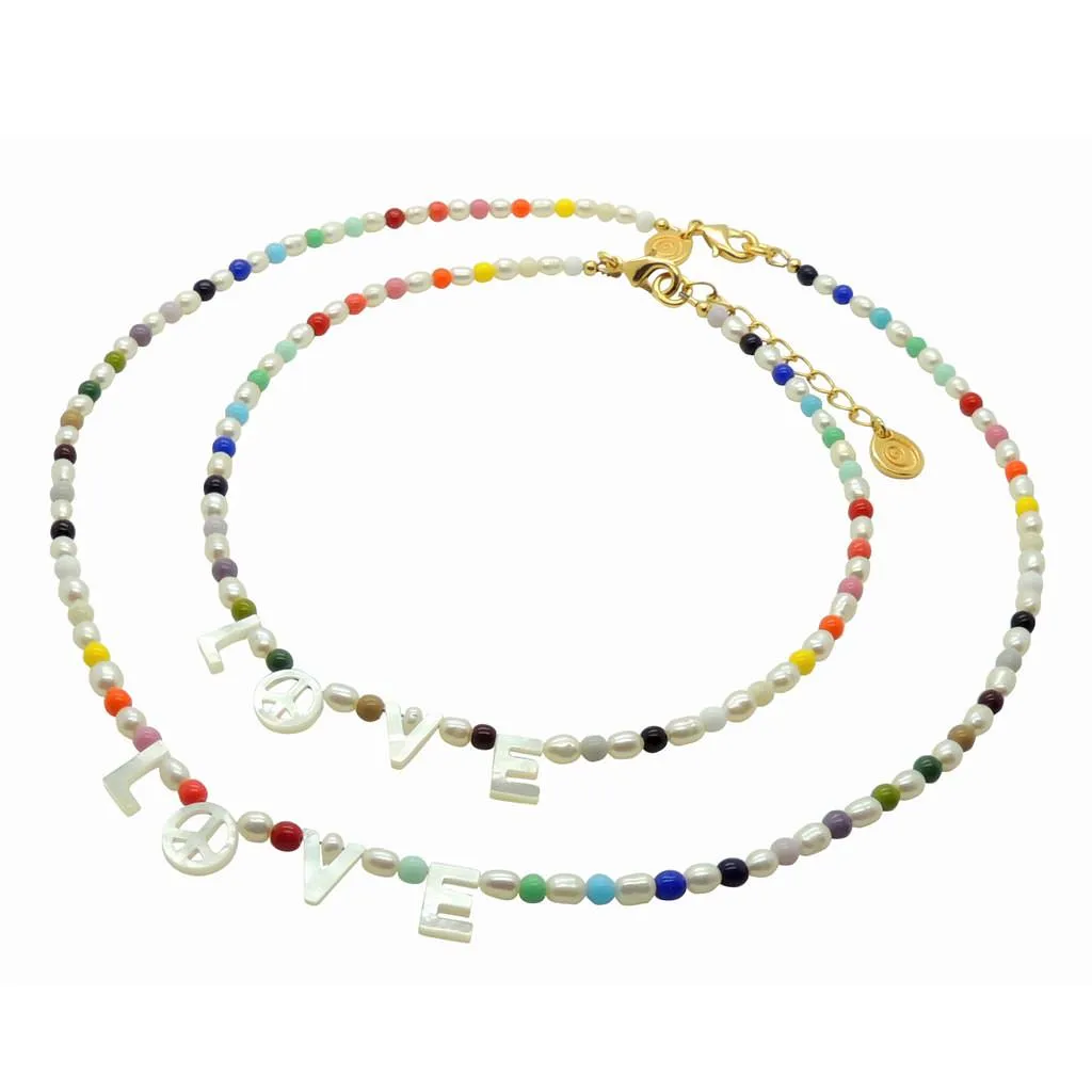 Peace and Love Rainbow Freshwater Pearl Necklace