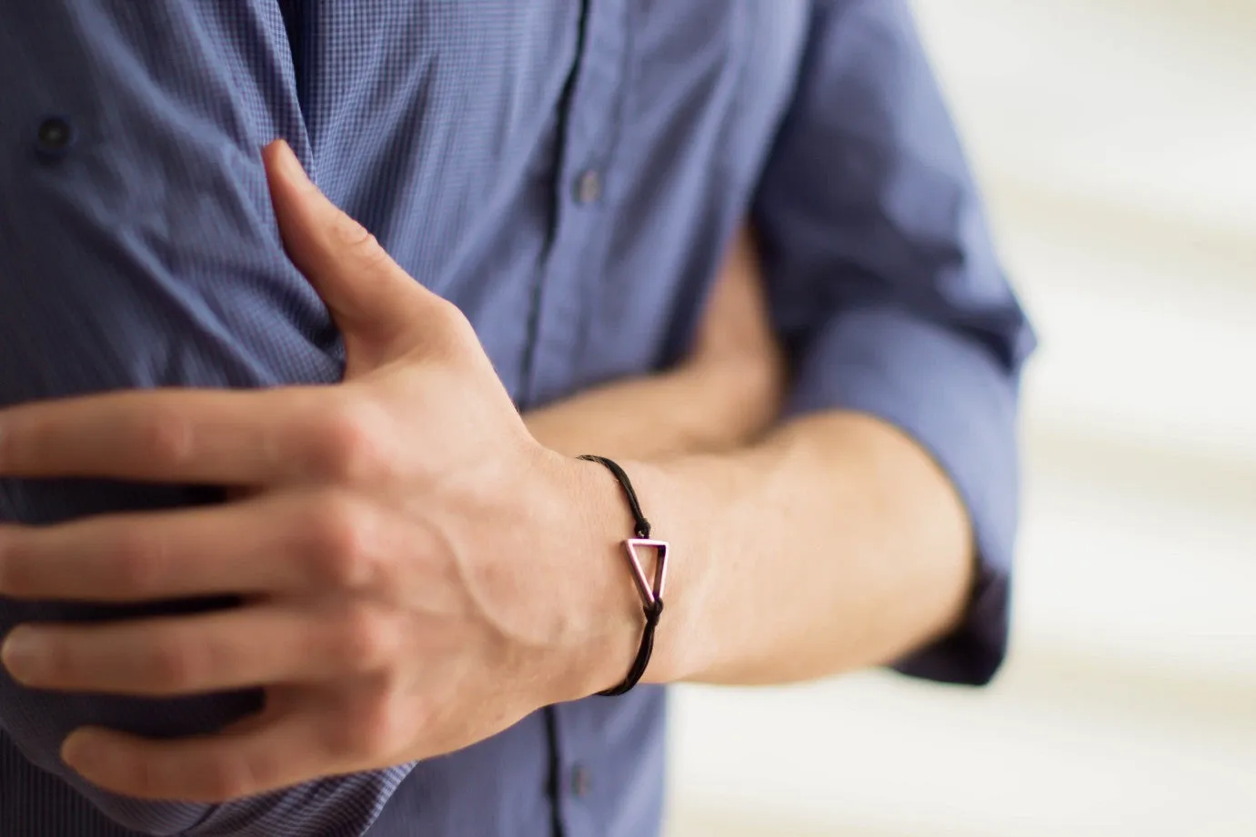 Silver triangle bracelet for men, mens bracelet with a black cord