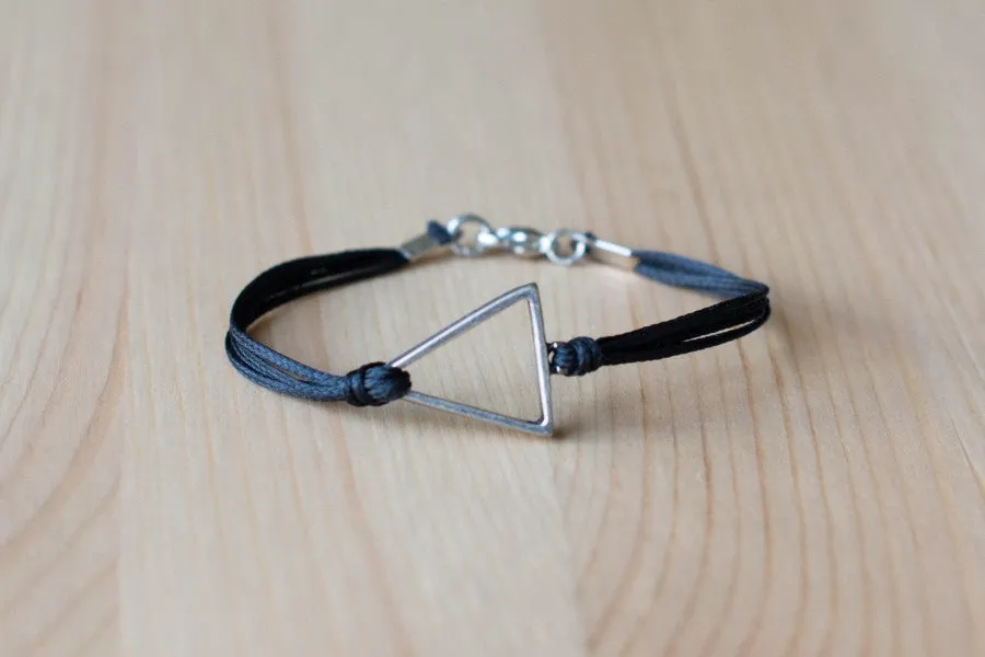 Silver triangle bracelet for men, mens bracelet with a black cord