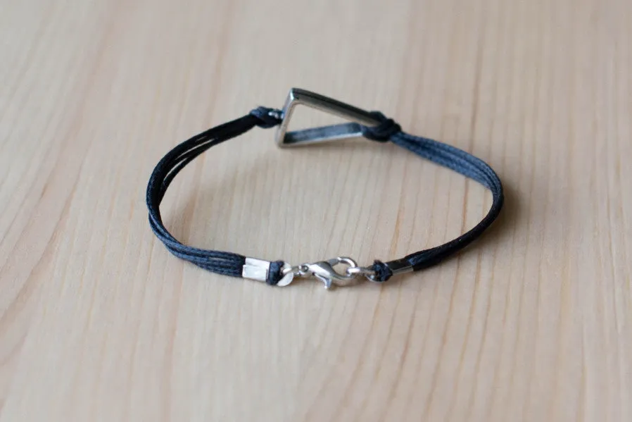 Silver triangle bracelet for men, mens bracelet with a black cord