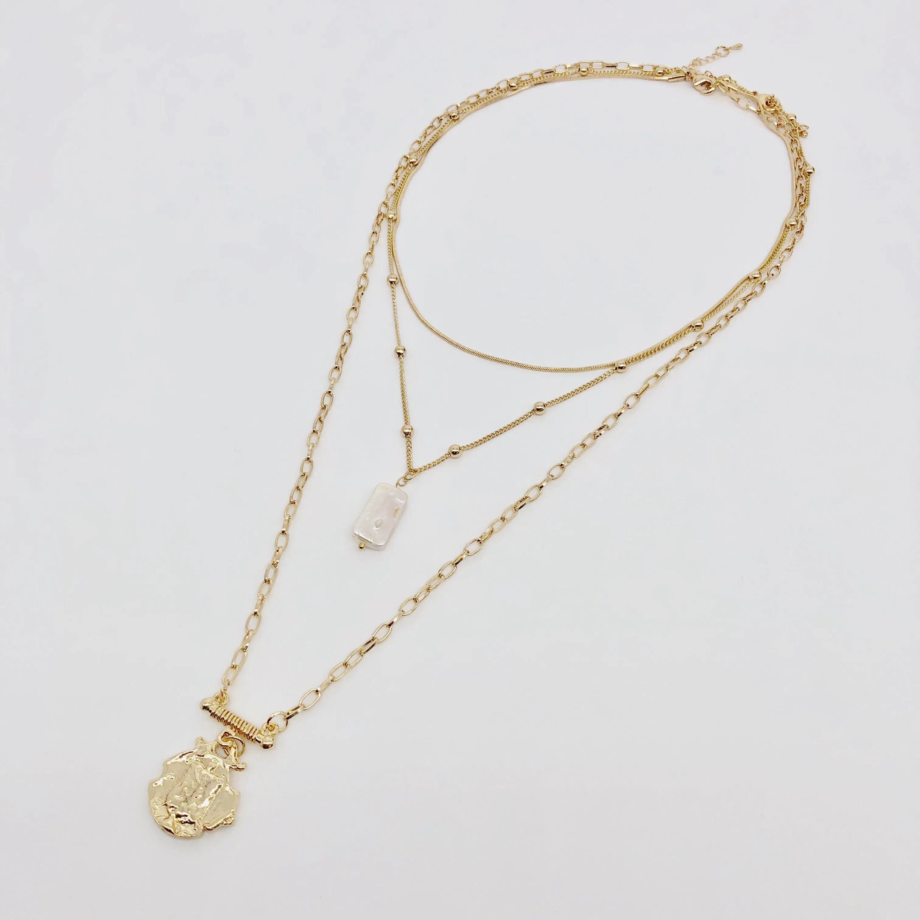 Three Layer Necklace with Simulated Pearl and Gold Pendant