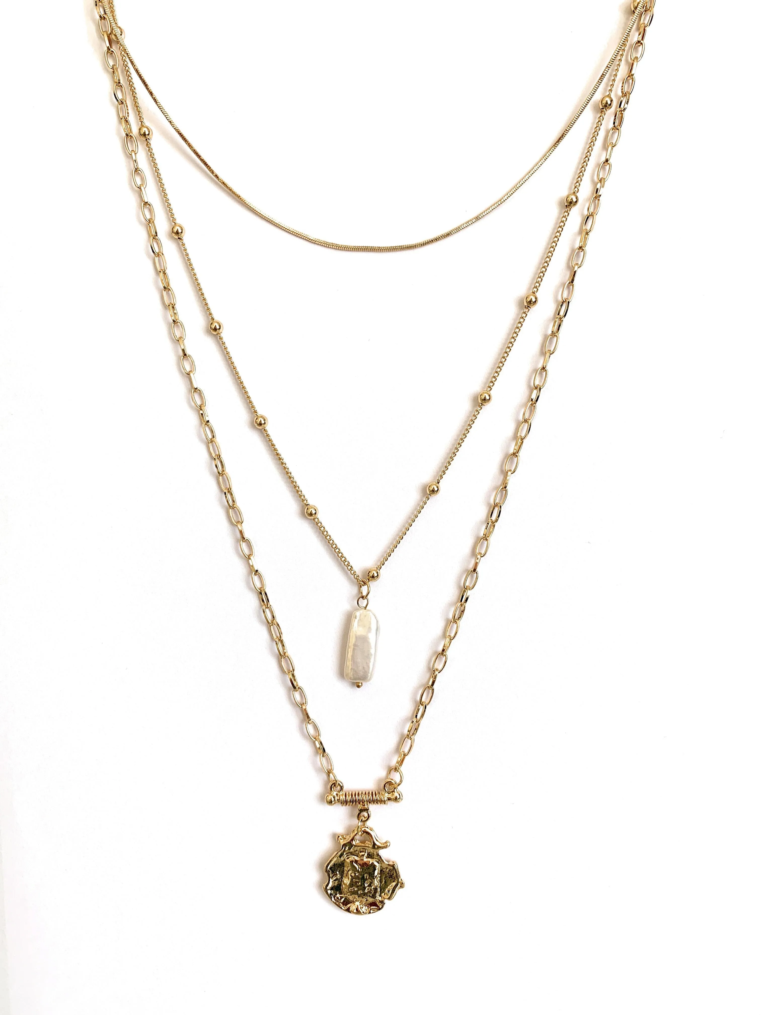 Three Layer Necklace with Simulated Pearl and Gold Pendant
