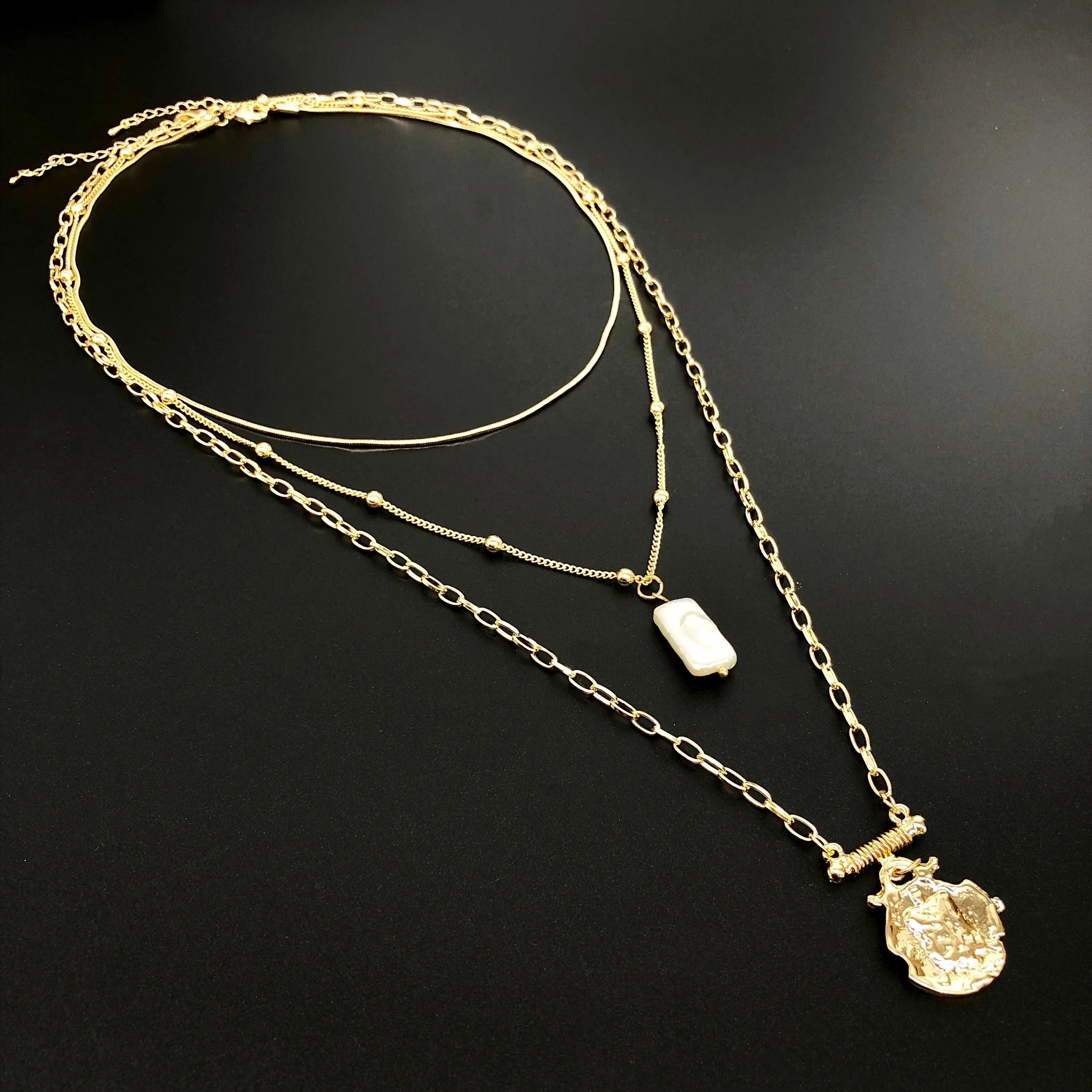 Three Layer Necklace with Simulated Pearl and Gold Pendant