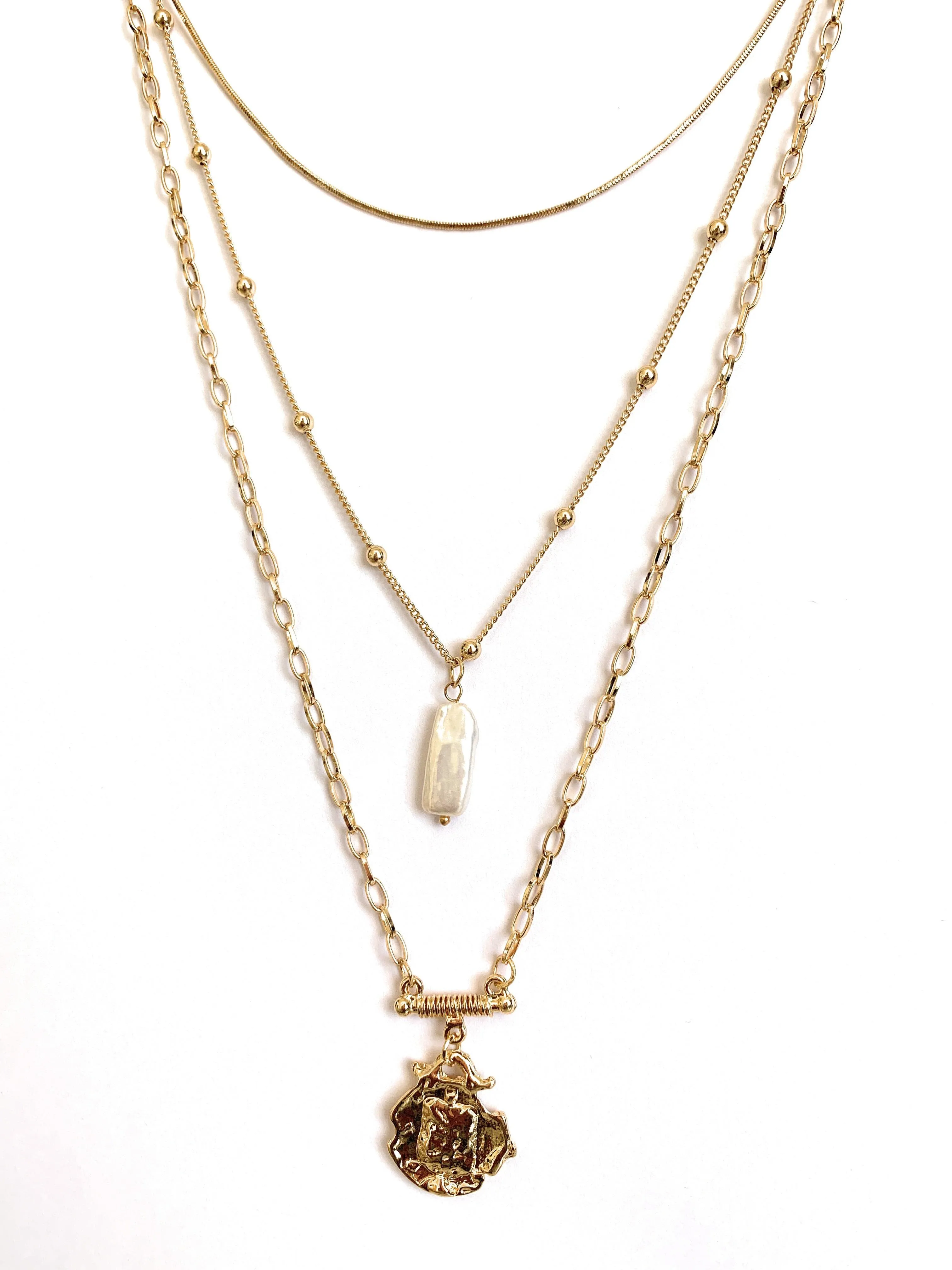 Three Layer Necklace with Simulated Pearl and Gold Pendant